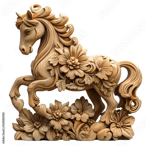 Floral horse sculpture, Wooden art craft with flower adornment sculpture