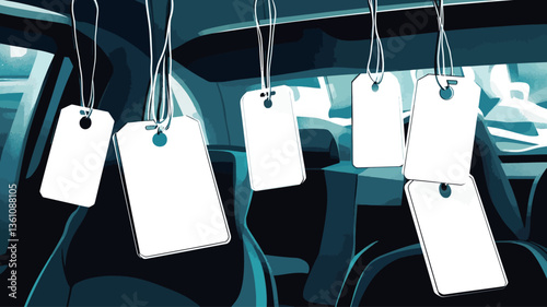 The image is an abstract illustration depicting the interior of a car.  The interior is rendered in shades of teal and blue, creating a dark and moody atmosphere. Several blank white tags are