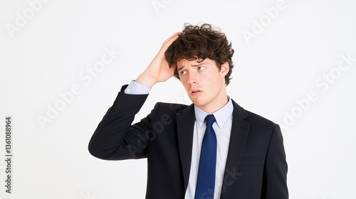 Confused young businessman scratching head in suit against white background, representing uncertainty, doubt, and workplace indecision