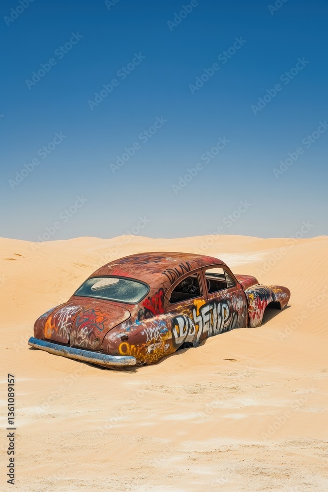 Abandoned car with graffiti in dry land. Lifeless. Drought.
