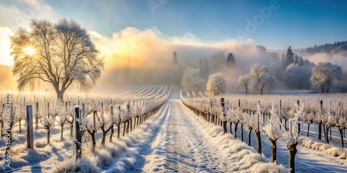 Frost-covered vineyard with thick smog during winter, smoggy weather