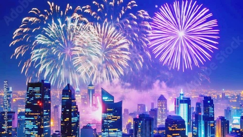 Colorful fireworks over Pattaya city skyline reflecting on water during a New Year celebration