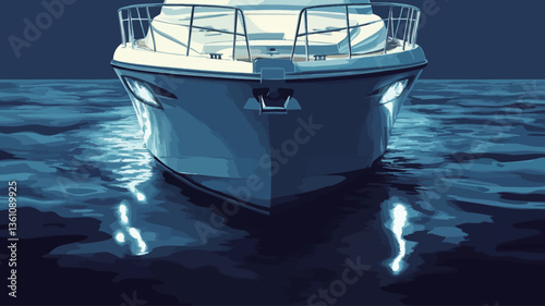 Close-up view of the bow of a white yacht at night. The yacht is illuminated, casting reflections on the dark blue water. The sea is relatively calm, with gentle ripples visible. The image is