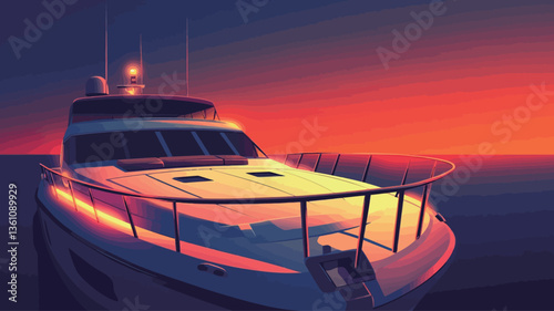 The image depicts a luxury motor yacht at sunset. The yacht is predominantly white with subtle lighting accents along its hull and deck, creating a warm glow against the backdrop of a vibrant,