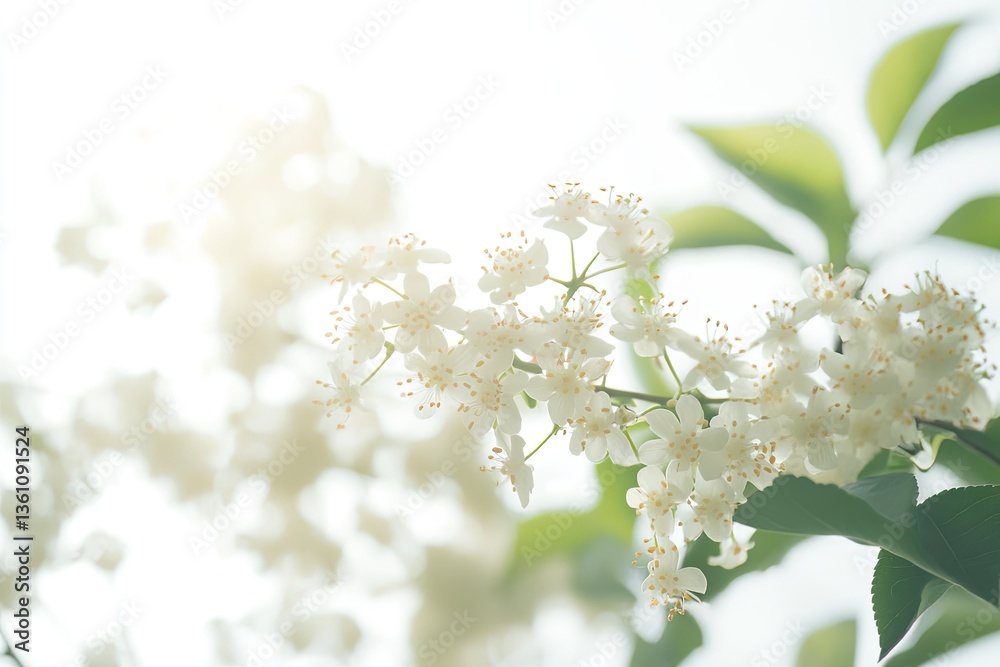 Fototapeta premium Delicate white blossoms in soft light. Clusters of small, white flowers with yellow centers, on branches with green leaves, bathed in a soft, bright light