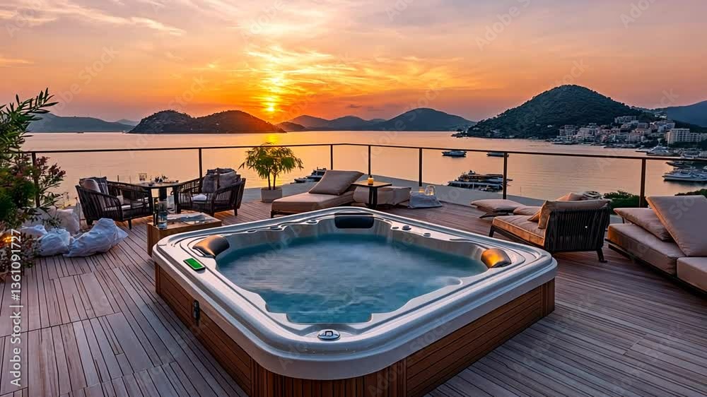 Luxury Hot Tub Relaxation with Sea View at Sunset - A Serene Getaway Destination Luxury Hot Tub Relaxation with Sea View at Sunset - A Serene Getaway Destination