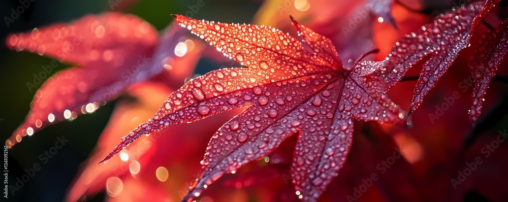 Fresh Dew on Red Maple Leaves in the Glow of Early Morning Fresh Dew on Red Maple Leaves in the Glow of Early Morning