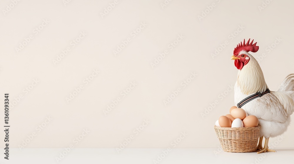 Fototapeta premium Proud Rooster with Basket of Fresh Eggs on Neutral Background