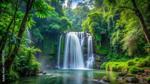 Majestic waterfall cascading through dense foliage