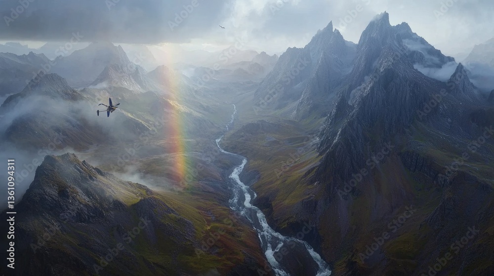 Naklejka premium Majestic mountain landscape with dramatic sky and rainbow in vast wilderness setting showcasing nature's beauty and serenity