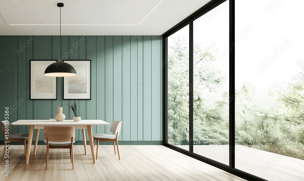 Fototapeta premium Creative interior concept. Scandinavian Minimalist green wall Dining Room with oak wooden flooring and window balcony patio of outdoor green and plants. Template for product presentation. Mock up 