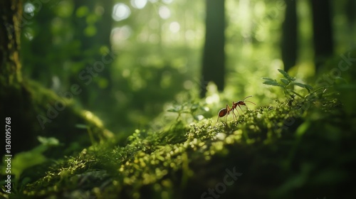 macrophotograph of an ant in a lush green summer forest