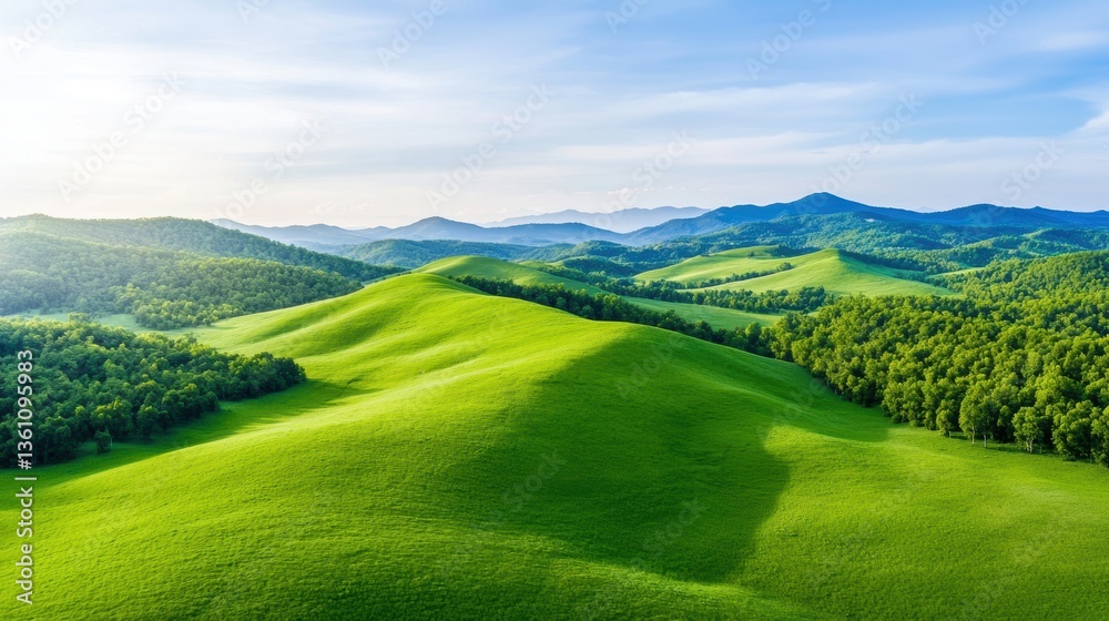 Obraz premium Meadow with Tree Line Forest Aerial view of a meadow bordered by a forest, rolling hills in the distance, expansive and scenic landscape