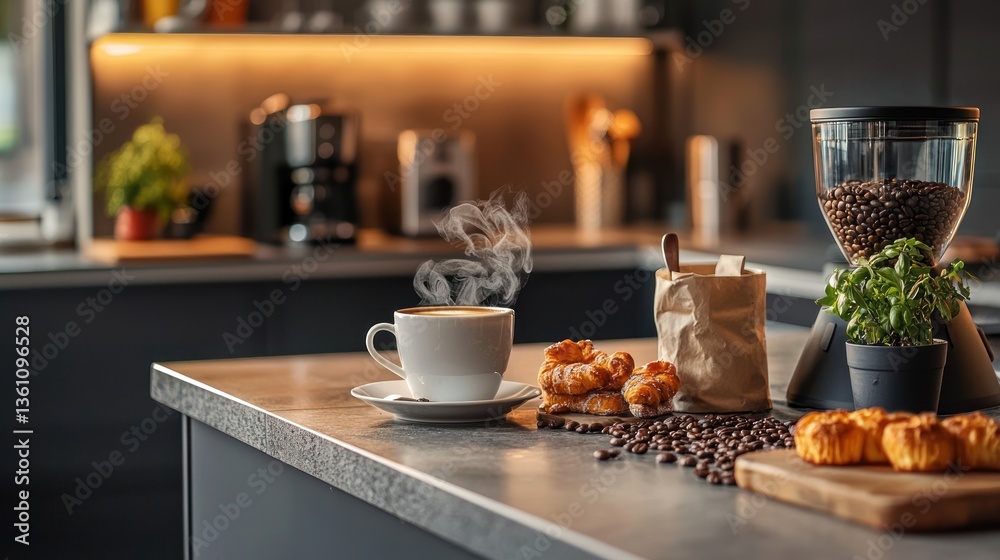 Obraz premium A cozy kitchen counter with coffee beans, a steaming cup of coffee, and pastries.