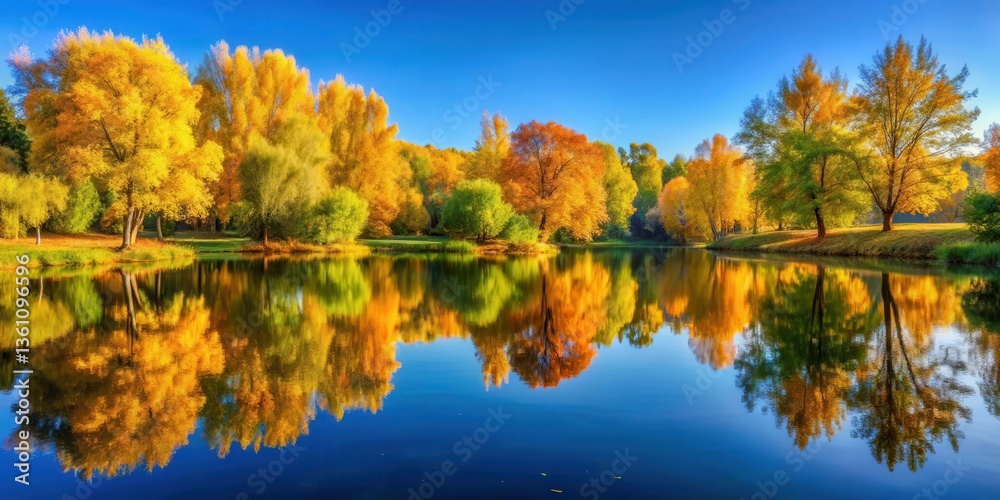 Serene autumn park scene with vibrant trees reflected in a still lake under a clear blue sky, surrounded by warm golden light and lush green foliage , nature, forest Serene autumn park scene with vibrant trees reflected in a still lake under a clear blue sky, surrounded by warm golden light and lush green foliage , nature, forest