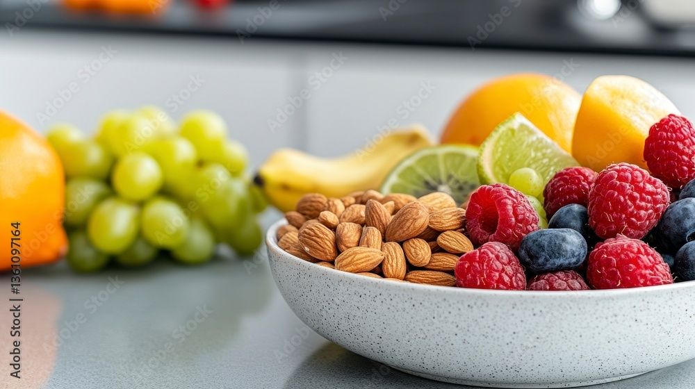 Fresh Fruit and Nut Bowl on Modern Kitchen Countertop Decor Fresh Fruit and Nut Bowl on Modern Kitchen Countertop Decor
