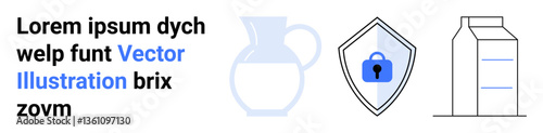Jug, shield with lock icon, milk carton. Ideal for security, privacy, food quality, protection, data encryption, safety measures flat landing page banner