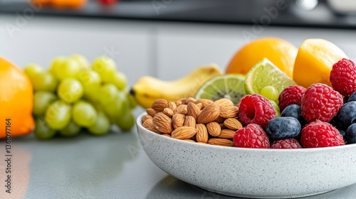 Fresh Fruit and Nut Bowl on Modern Kitchen Countertop Decor