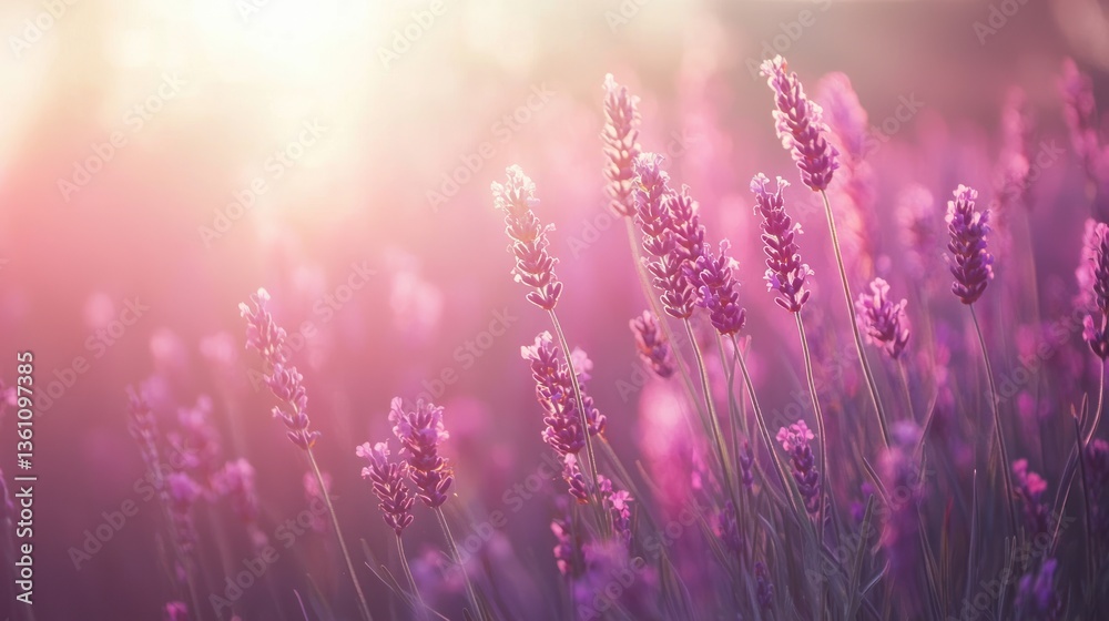 Obraz premium A close-up of a purple lavender field with soft sunlight.