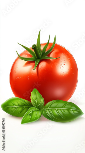Tomato with basil leaves