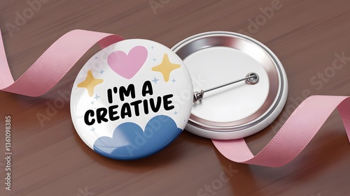 Creative badge design featuring colorful hearts and clouds on a wooden tabletop with a pink ribbon