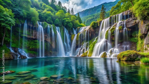 Serene and majestic waterfall cascading into a crystal-clear pool amidst lush greenery in Sichuan's Nuorilang Waterfall , outdoor beauty, mountain scenery
