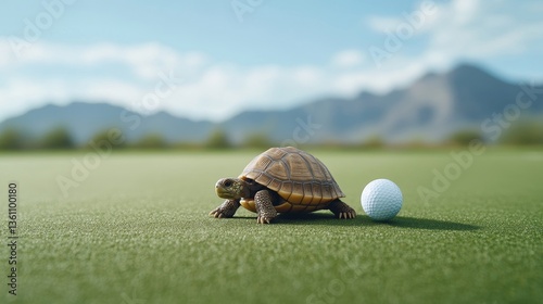 Turtle on Golf Course Next to White Golf Ball Under Blue Sky