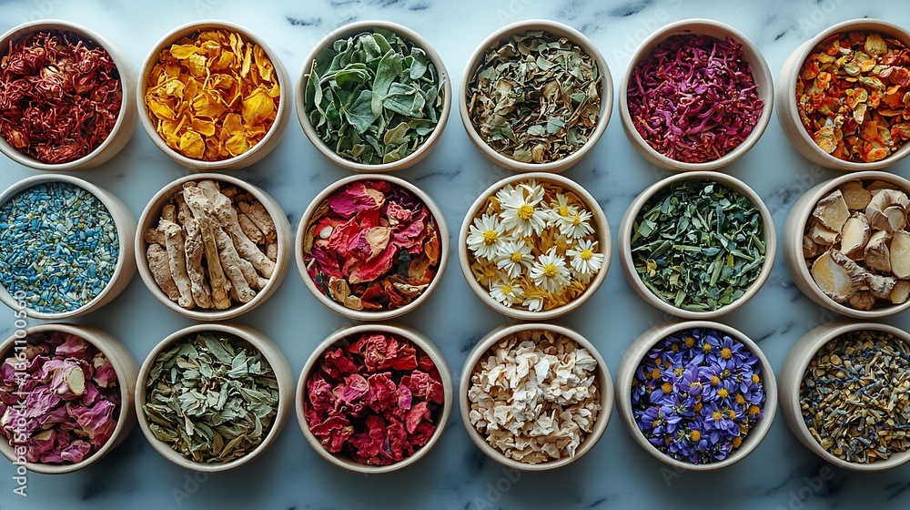 A vibrant arrangement of various dried herbs and flowers in bowls on a marble surface A vibrant arrangement of various dried herbs and flowers in bowls on a marble surface
