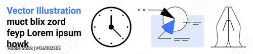 Clock representing time, pie chart visualizing data, hands in focus pose. Ideal for productivity, analytics, schedule, teamwork, focus, metrics and simple landing page