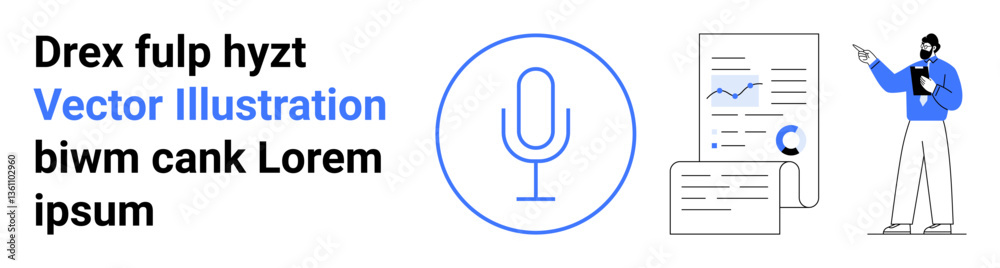 Microphone icon, analytics documents showing charts, speaker discussing data insights. Ideal for education, marketing, presentations, communication, analytics, broadcasting simple landing page Microphone icon, analytics documents showing charts, speaker discussing data insights. Ideal for education, marketing, presentations, communication, analytics, broadcasting simple landing page