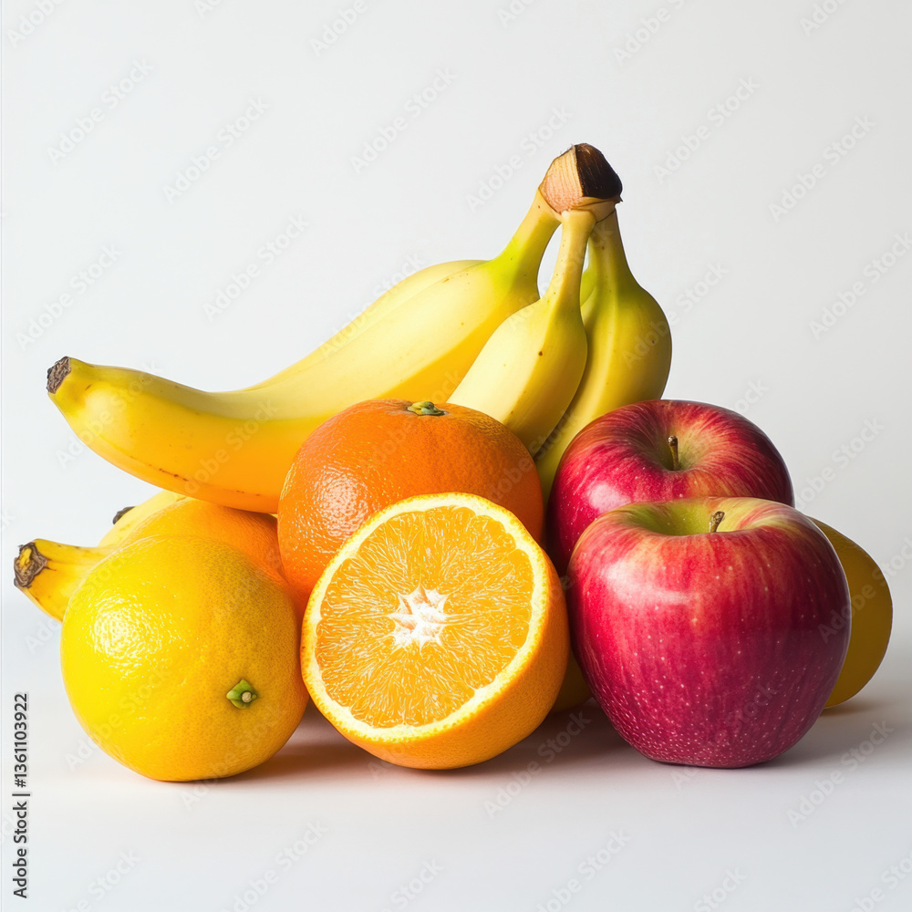 Fresh fruits including bananas, apples and oranges stacked together, vibrant and healthy food arrangement Fresh fruits including bananas, apples and oranges stacked together, vibrant and healthy food arrangement