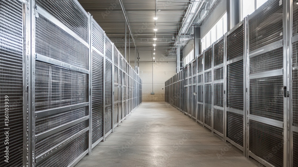 Obraz premium An industrial warehouse with rows of metal storage racks.