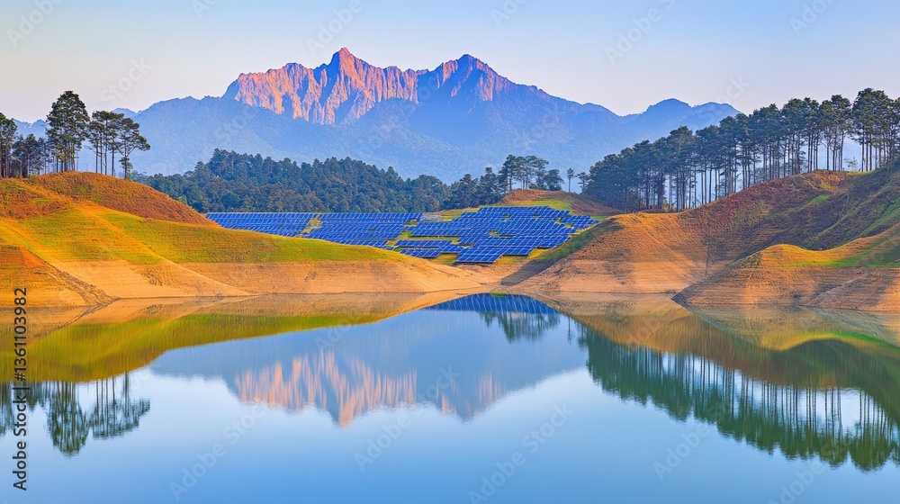 Naklejka premium Serene landscape featuring a solar farm nestled amidst rolling hills, reflecting perfectly in a tranquil lake with majestic mountains in the background.