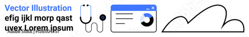 Stethoscope beside a graphical medical data interface and cloud outline, highlighting telemedicine, data management, analytics, healthcare apps, medical marketing, digital wellness, and simple