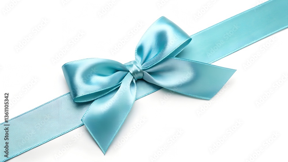 Fototapeta premium Pastel blue shiny luxury silky gift ribbon with bow, great for Christmas, birthday, Valentine's Day, Anniversary Gift packing, isolated on white background