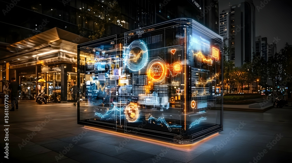 Glowing Holographic Cube Displaying Data in Urban Night Setting Glowing Holographic Cube Displaying Data in Urban Night Setting