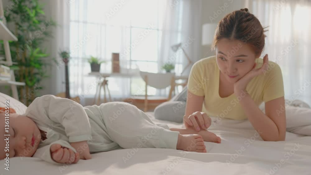 Asian mother looking at her baby boy sleep on bed in bedroom at home. Asian mother looking at her baby boy sleep on bed in bedroom at home.