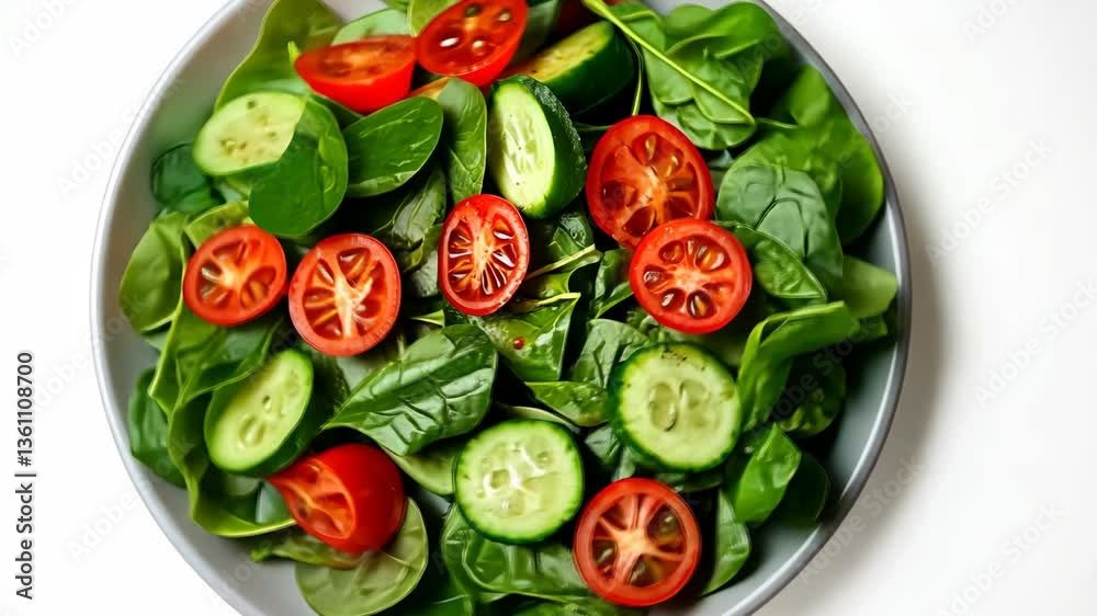 Freshly prepared salad with spinach, cucumbers, and cherry tomatoes on a white plate Freshly prepared salad with spinach, cucumbers, and cherry tomatoes on a white plate