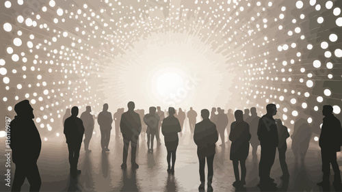 The image depicts a group of numerous, uniformly dark silhouettes of human figures standing within a cylindrical tunnel. The tunnel is characterized by a radiant, bright light emanating from its