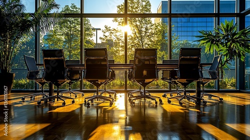 Empty conference room with city views