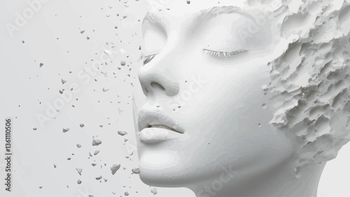 The image is a digital rendering of an abstract female face sculpture.  The sculpture is predominantly white, with a textured, almost fragmented surface.  The texture appears rough and uneven on