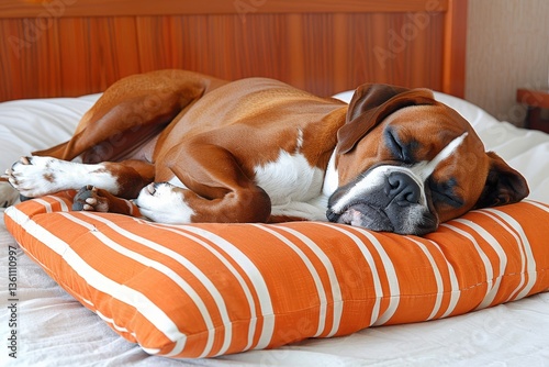 A peaceful boxer dog sleeps soundly on a striped orange cushion, embodying comfort and relaxation in a cozy indoor setting. photo