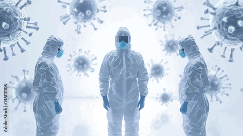 The image shows three individuals fully clad in white protective suits, masks, and gloves, standing against a white background.  They are surrounded by numerous three-dimensional renderings of