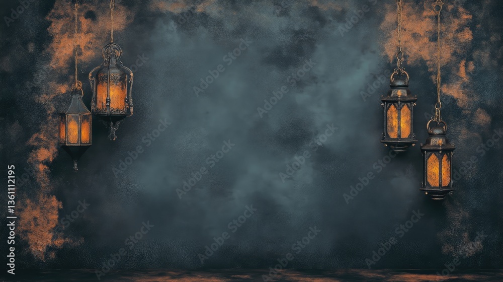 Obraz premium Dark, mystical scene with hanging lanterns. Smoky, textured wall background