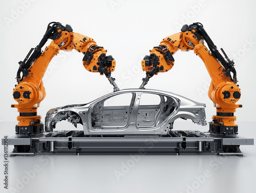 Advanced robotic arms assembling car frame in modern factory setting, showcasing precision and technology in automotive manufacturing