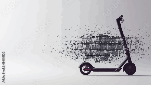 The image is a vector illustration depicting a side profile of an electric scooter rendered in a dark grey silhouette.  The scooter appears to be disintegrating or dissolving, with fragments of its
