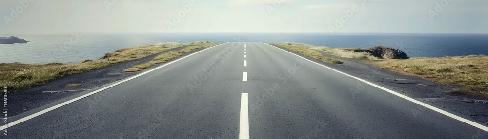 Obraz premium A serene road stretches toward the horizon, flanked by grassy fields and leading to a tranquil ocean view.