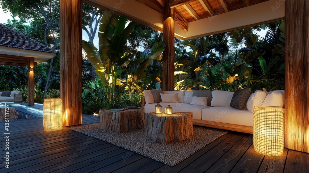 Fototapeta premium Escape to a serene tropical outdoor lounge bathed in the soft glow of dusk, where tranquility and relaxation intertwine seamlessly Sink into plush cushions and unwind amidst lush greenery and gentle