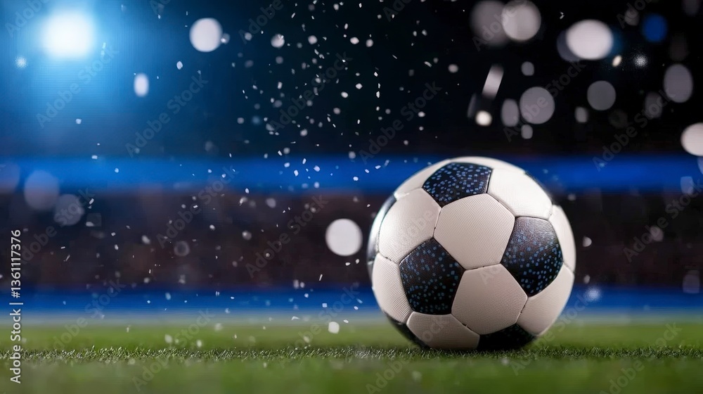 Fototapeta premium Soccer Ball on Grass Field Night Game Stadium Lights Action Shot