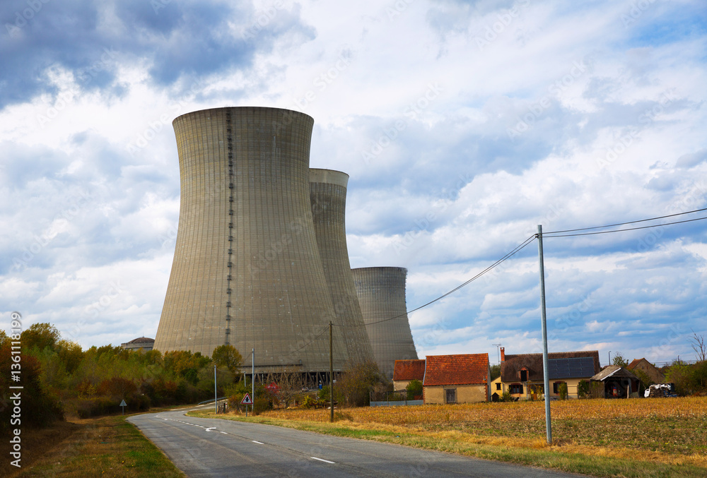 View of Dampierre nuclear power plant with cooling towers View of Dampierre nuclear power plant with cooling towers